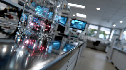 A glass beaker reflecting radiant digital energy in a high-tech lab setting, conveying the fusion of science and futuristic imagination within modern experimentation.