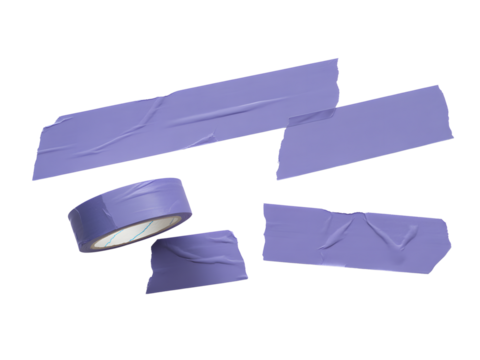 Collection of purple masking tape pieces isolated on transparent background