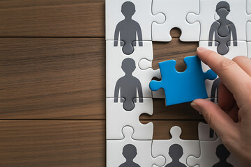 A hand places the final blue puzzle piece into a formation of human figures, signifying teamwork
