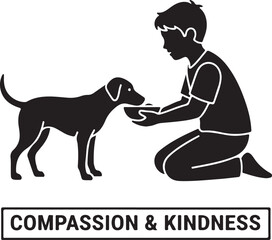 Boy feeding dog, symbolizing compassion, kindness, and animal care. A silhouette illustration depicting a child showing empathy and responsibility towards his pet.