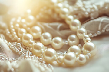Lustrous Pearl Necklace on Soft Fabric with Golden Light