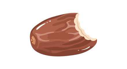 A single brown date fruit with a bite taken out of it.