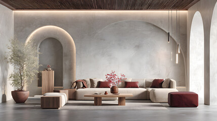 Serene Contemporary Interior with Arched Architecture and Earthy Tones