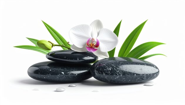 Spa-themed composition featuring smooth black stones, orchid, and water droplets.
