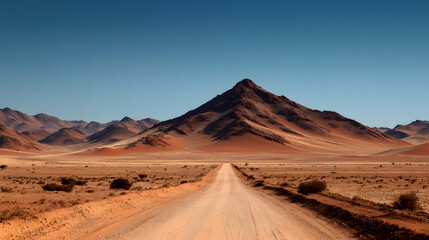 Fototapeta premium Desert Road Leading to a Majestic Mountain Under a Clear Sky