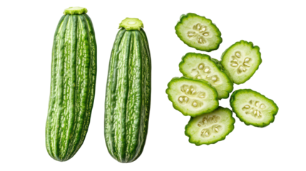Two whole zucchini and several slices of zucchini isolated on transparent background