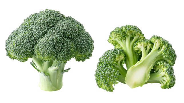 Fresh broccoli florets and head isolated on transparent background