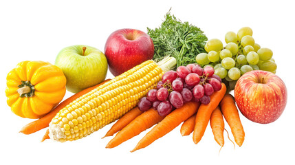 Assortment of fresh fruits and vegetables isolated on transparent background