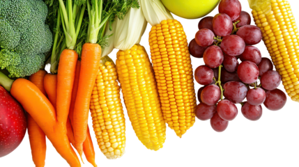 Assortment of fresh vegetables and fruits isolated on transparent background