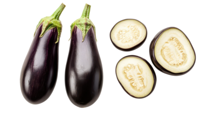 Two whole eggplants and three sliced eggplants isolated on transparent background