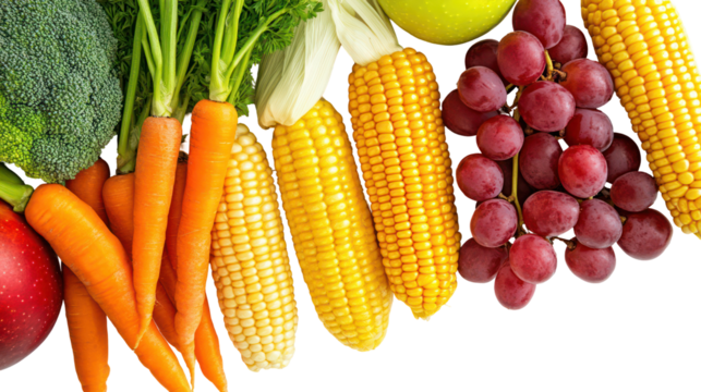 Fresh ripe vegetables and fruits assortment isolated on transparent background