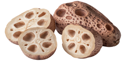 Freshly cut lotus root slices and whole root isolated on transparent background