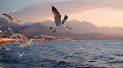 Seagulls Soaring Over a Golden Ocean Sunset