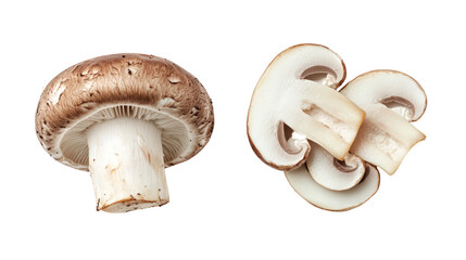 Whole and sliced brown mushrooms isolated on transparent background
