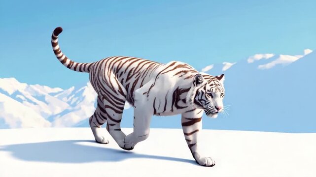 Tiger statue covered in snow on a mountain, fantasy winter atmosphere.