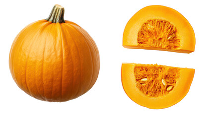Whole pumpkin and two cut slices isolated on transparent background