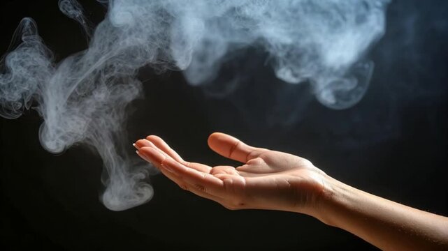 Outstretched hand (faceless) touching white mist, concept of spiritual, mystery, or dream.