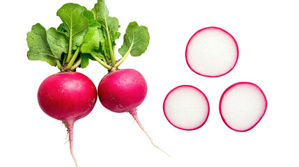 Fresh radishes and slices isolated on transparent background