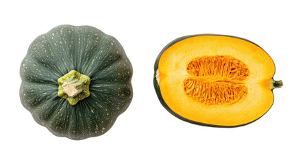Whole kabocha squash and half squash isolated on transparent background