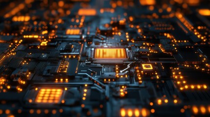 Obraz premium Circuit board, glowing processor, technology, detailed close-up