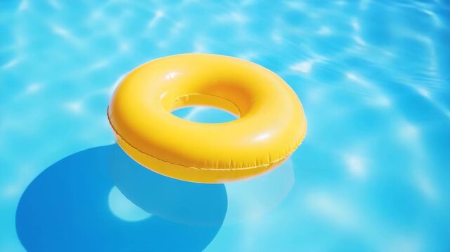 Bright yellow pool float drifting serenely in clear blue water on a sunny summer day