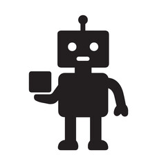 Black robot icon holding a cube with round eyes and antenna vector