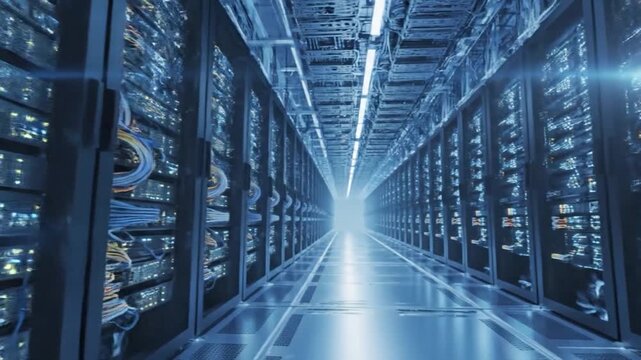 Data center server racks with glowing lights and network cables high technology infrastructure digital information processing