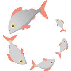 School of Small Silver Fish With Orange Fins Swimming In A Circle Formation Against A Transparent Background