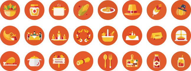 24 flat circular icons of harvest festival elements on earthy orange-brown background