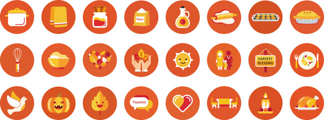 24 Autumn and Thanksgiving Icons in Round Badges with Earthy Orange Palette