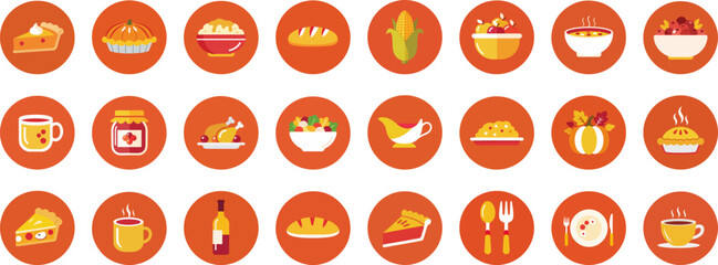 24 circular flat food icons on warm orange background