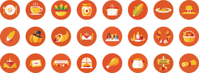 24 autumn-themed circular icons in a three-row grid with Thanksgiving and harvest symbols on an earthy orange background