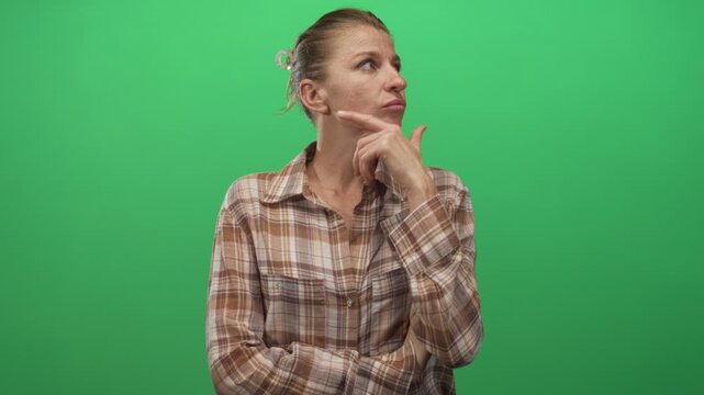 Woman with hand on chin and crossed arms in thinking pose in green studio wearing plaid shirt; thoughtful reflection.
