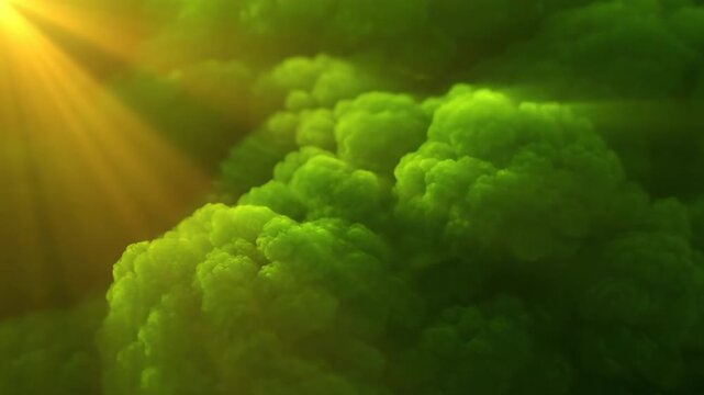 Seamlessly looping video featuring ethereal golden light rays filtering through a soft, shifting organic green pattern serene, clean, soft