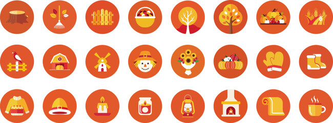24 Autumnal Symbol Icons in Circular Badges with Earthy Orange Palette