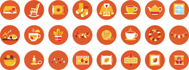 24 Flat Autumn-Themed Icons in Circular Badges with Warm Color Palette