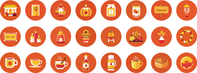 24 Flat Round Autumn and Thanksgiving Icons with Earthy Orange-Brown Palette
