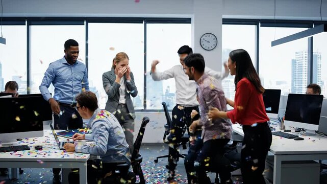 Excited diverse team celebrating success in the office with confetti and raised hands, cheering and clapping vector illustration