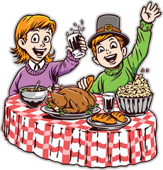 Brother and sister cartoon having thanksgiving dinner