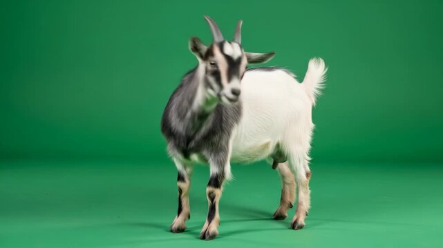 A goat stands, looking slightly to the side, against a vibrant green backdrop.