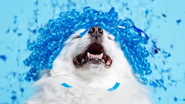 Closeup of a happy white dog wearing a vibrant blue curly wig and a blue confetti falling around it, celebrating a fun event vector illustration