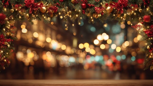 gold frame with red and gold garland decorates festive storefront with blurred city lights in background for joyful holiday mood