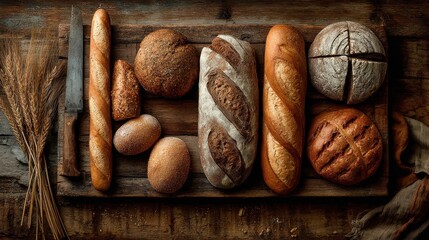 an overhead shot of various breads and rolls on a wooden surface with a knife and wheat stalks