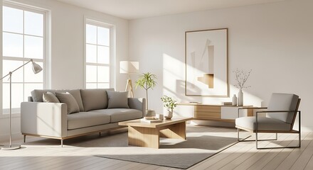 Fototapeta premium Sun-drenched modern living room interior with a cozy sofa and minimalist wooden furniture