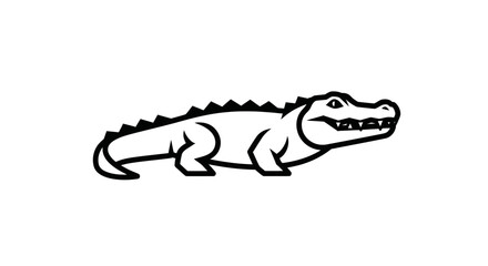 A minimalist black and white illustration depicts an alligator in a stylized pose