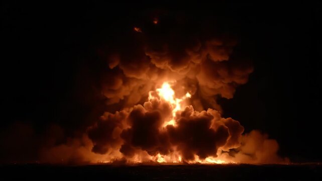 Massive explosion with fire and smoke at night, creating a dramatic and powerful visual effect with sparks flying vector illustration