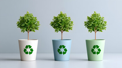 Eco friendly sustainability recycling green plant pot symbol growth ecology environment. Eco friendly pots with recycling symbol support sustainability, green growth, and ecology, showing plants