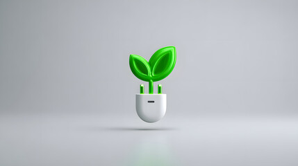 Green leaf eco energy sustainable power green technology renewable concept minimal design white background electric plug glowing leaf clean energy with calm mood
