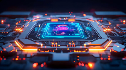 Futuristic interface neon circuit cyberpunk glow digital core sci fi chip holographic display high tech board glowing lights energy ring data grid Futuristic interface with neon circuit