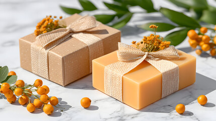 Handmade soap organic soap natural skincare gift box ribbon dried flower botanical beige orange marble clean minimal artisan eco friendly wellness spa bath hygiene bar present